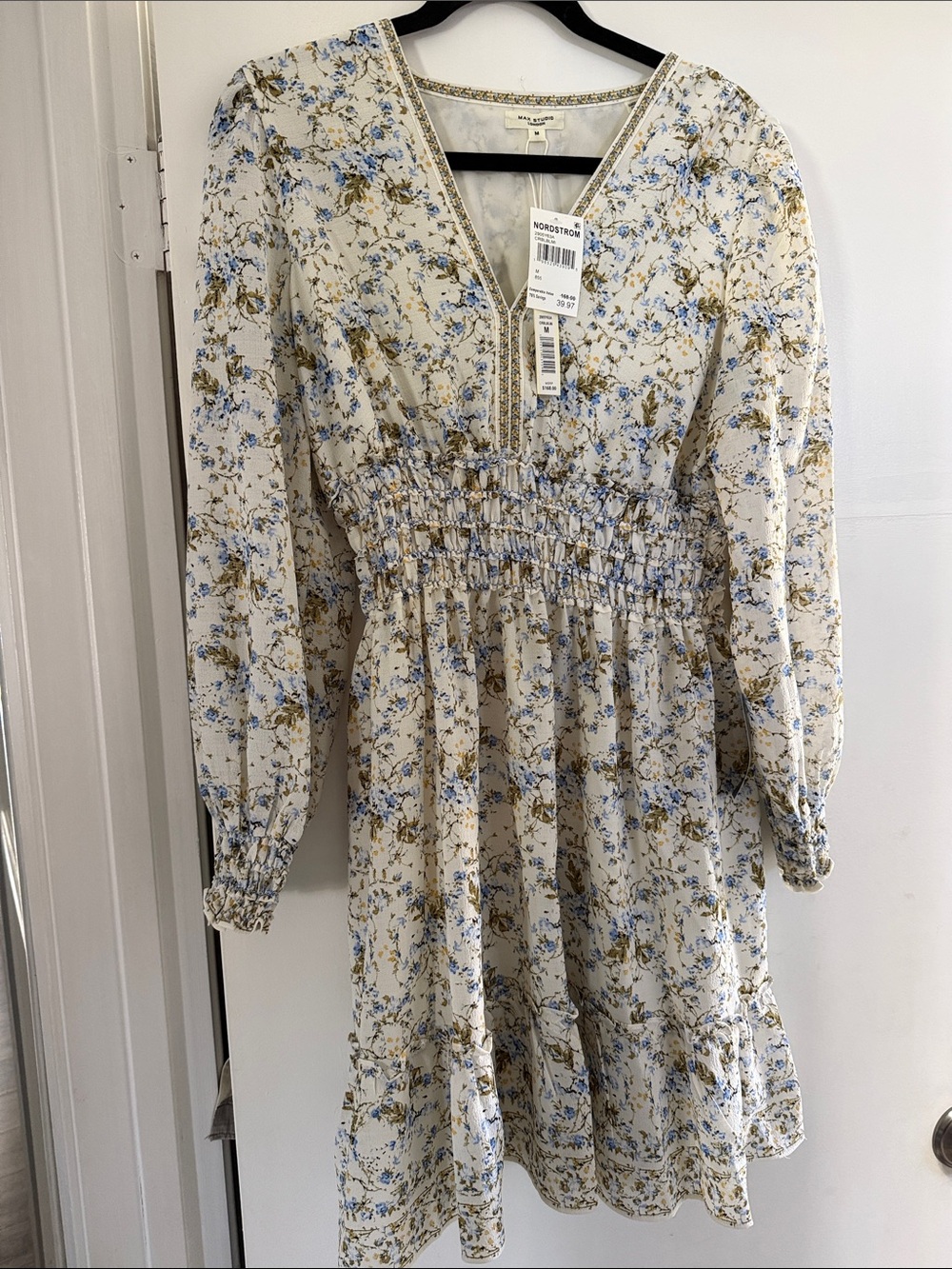 NWT Max Studio White Dress with Blue & Olive Floral Print